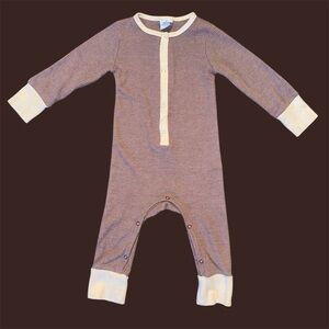 Orcas Lucille heathered brown and cream onesie with white trim, snap closure
